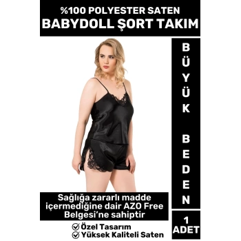 Premium Kreasyon Şık Gecelik Sabahlık %100 Polyester AZO Free SATEN BÜYÜK BEDEN BABYDOLL ŞORT TAKIMI