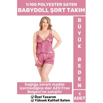 Premium Kreasyon Şık Gecelik Sabahlık %100 Polyester AZO Free SATEN BÜYÜK BEDEN BABYDOLL ŞORT TAKIMI