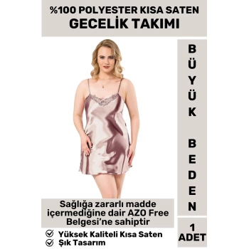 Özel Tasarım Şık Gecelik Sabahlık %100 Polyester AZO Free KISA SATEN BÜYÜK BEDEN GECELİK TAKIMI