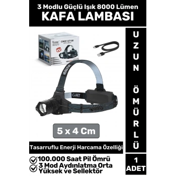 Profesyonel Kamp Avcı Balıkçı Deprem Yüksek Mesafeli 3 Modlu 8000 Lümen Güçlü Işık KAFA LAMBASI