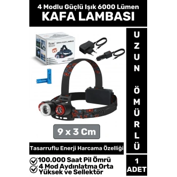 Profesyonel Kamp Avcı Balıkçı Deprem Güçlü Işık 4 Mod Aydınlatma Şarjlı 6000 Lümen KAFA LAMBASI