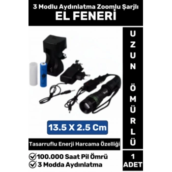Özel Kompakt Kamp Avcı Balıkçı Deprem Enerji Tasarruflu 3 Modlu Zoomlu Güçlü Beyaz Işık EL FENERİ