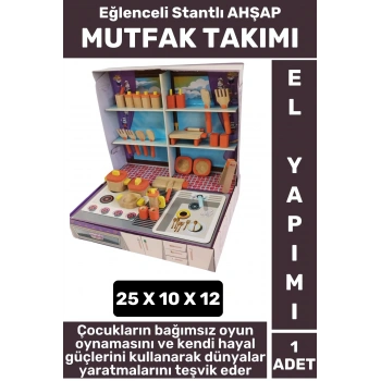 Premium Çocuk Eğlenceli Hayal Dünyası Beceri Geliştirici El Yapımı Ahşap Stantlı OCAK MUTFFAK TAKIMI