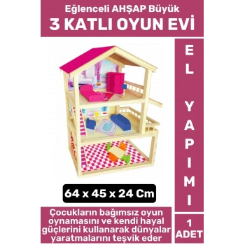 Premium Çocuk Eğlenceli Hayal Dünyası Beceri Geliştirici El Yapımı Ahşap Büyük 3 KATLI OYUN EVİ