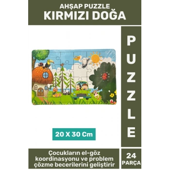 Premium Eğlenceli Eğitici Görsel Algı Problem Çözme Becerisi Çocuk Puzzle 24 Parça KIRMIZI DOĞA