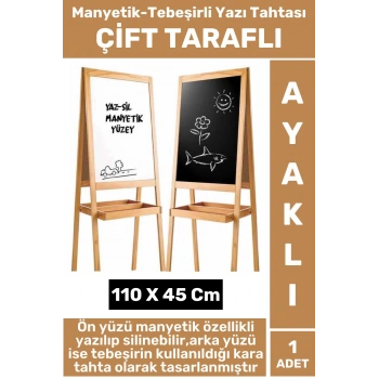 Kalem Silgi Tebeşir Çift Taraflı Manyetik Kara Tahta Tasarım Ayaklı Ahşap YAZI TAHTASI 110 X 45 Cm