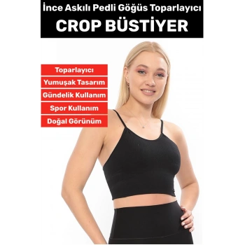 Göğüs Toparlayıcı Sarkma Önleyen Gündelik Spor Kullanım Şık İnce Askılı Pedli Çizgili Crop Büstiyer