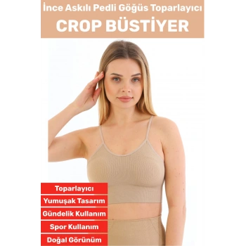 Göğüs Toparlayıcı Sarkma Önleyen Gündelik Spor Kullanım Şık İnce Askılı Pedli Çizgili Crop Büstiyer
