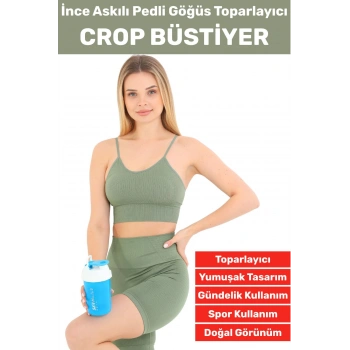 Göğüs Toparlayıcı Sarkma Önleyen Gündelik Spor Kullanım Şık İnce Askılı Pedli Çizgili Crop Büstiyer