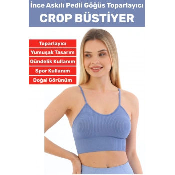 Göğüs Toparlayıcı Sarkma Önleyen Gündelik Spor Kullanım Şık İnce Askılı Pedli Çizgili Crop Büstiyer