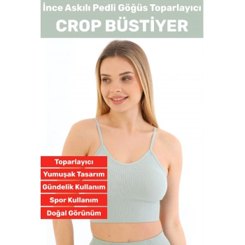 Göğüs Toparlayıcı Sarkma Önleyen Gündelik Spor Kullanım Şık İnce Askılı Pedli Çizgili Crop Büstiyer
