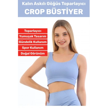 Göğüs Toparlayıcı Sarkma Önleyen Gündelik Spor Kullanım Şık Kalın Askılı Çizgili Crop Büstiyer