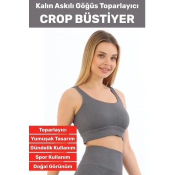 Göğüs Toparlayıcı Sarkma Önleyen Gündelik Spor Kullanım Şık Kalın Askılı Çizgili Crop Büstiyer