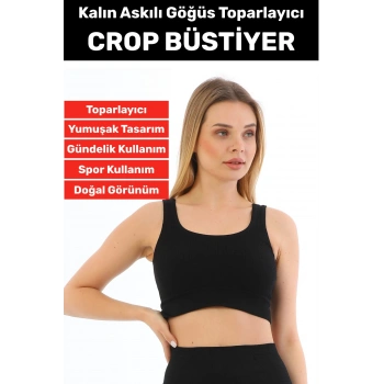 Göğüs Toparlayıcı Sarkma Önleyen Gündelik Spor Kullanım Şık Kalın Askılı Çizgili Crop Büstiyer
