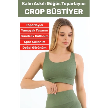 Göğüs Toparlayıcı Sarkma Önleyen Gündelik Spor Kullanım Şık Kalın Askılı Çizgili Crop Büstiyer