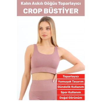 Göğüs Toparlayıcı Sarkma Önleyen Gündelik Spor Kullanım Şık Kalın Askılı Çizgili Crop Büstiyer
