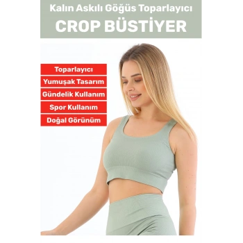 Göğüs Toparlayıcı Sarkma Önleyen Gündelik Spor Kullanım Şık Kalın Askılı Çizgili Crop Büstiyer