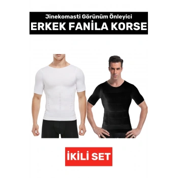 Jinekomasti Dik Duruş Düzeltici Göbek Sıkılaştırıcı Elastik Erkek Fanila Korse Siyah-Beyaz İkili Set