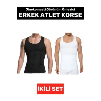 Jinekomasti Dik Duruş Düzeltici Göbek Sıkılaştırıcı Elastik Erkek Atlet Korse Siyah-Beyaz İkili Set