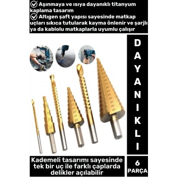 Isıya Aşınmaya Dayanıklı Ahşap Metal Plastik Kablolu Şarjlı Uyumlu 6lı Kademeli Matkap Ucu Seti