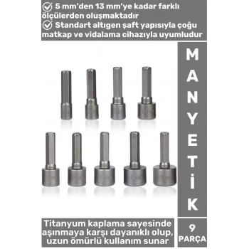 Premium Uzun Ömürlü Aşınmaya Dayanıklı Matkap Vidalama 5 Mm-13 Mm 9 Parça Manyetik Somun Adaptörü