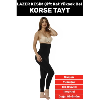 Premium Doğal Görünüm Çift Kat Bel Vücut Toparlayıcı İnceltici LAZER KESİM Yüksek Bel Korse Tayt