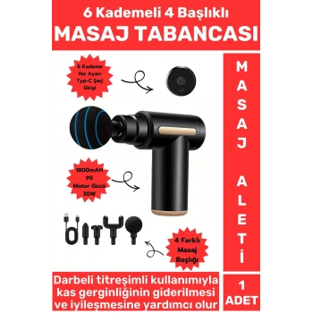 Premium 4 Başlıklı 6 Hız Ayarı Kas Gevşetici Spor Gündelik Şarjlı Darbeli Titreşimli Masaj Tabancası