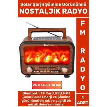 Dekoratif Hediyelik Solar Şarjlı Bluetooth Wireless USB TF Card FM Şömine Görünümlü Nostaljik Radyo