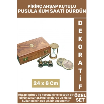 Yüksek Kaliteli Hediyelik Dekoratif Koleksiyon Ahşap Kutu Pirinç Pusula Dürbün Kum Saati Premium Set