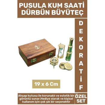Yüksek Kaliteli Hediyelik Dekoratif Koleksiyon Ahşap Kutulu Pusula Dürbün Kum Saati Büyüteç Özel Set