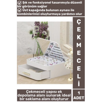 Yüksek Kaliteli Makyaj Yüzük Kolye Küpe Düzenleyici Çok Şık Bölmeli Çekmeceli Aynalı Takı Organizeri