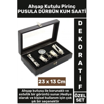 Erkek Arkadaş Hediye Koleksiyon Dekoratif Ahşap Kutulu Pirinç Pusula Dürbün Kum Saati Premium Set