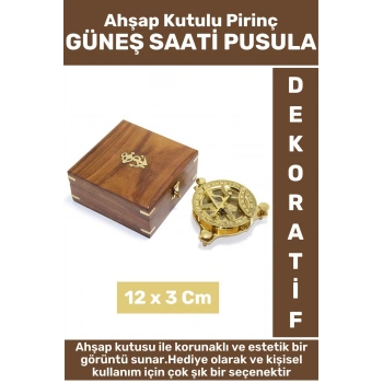Premium Erkek Arkadaş Sevgili Hediyelik Koleksiyon Dekoratif Ahşap Kutulu Pirinç GÜNEŞ SAATİ PUSULA