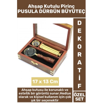 Erkek Arkadaş Hediye Koleksiyon Dekoratif Ahşap Kutulu Pirinç Pusula Dürbün Büyüteç Premium Set