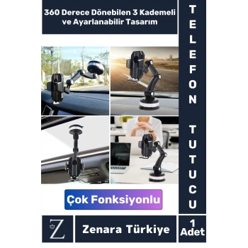 Premium 4.7-6.7 İnç Uyumlu 360 Derece Dönen Ayarlanabilir 3 Kademeli Çok Fonksiyonlu Telefon Tutucu