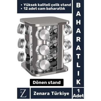 Premium Dayanıklı Çelik Mutfak Kuru Gıda Bakliyat Baharat 12 Cam Şişeli Dönen Baharatlık Standı