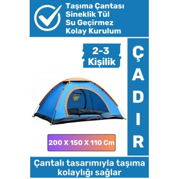 Premium Su Geçirmez Kapı Sineklik Tül Dayanıklı Kolay Kurulum 2-3 Kişilik Çantalı Kamp Deprem Çadırı