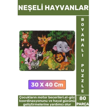 Premium Eğlenceli El Göz Koordinasyonu Motor Becerisi 80 Parça Boyamalı Puzzle NEŞELİ HAYVANLAR