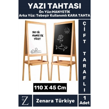 Premium Kalem Silgi Tebeşir Çift Taraflı Manyetik Kara Tahta Ayaklı Ahşap YAZI TAHTASI 110 X 45 Cm