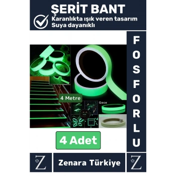 Premium Karanlıkta Işık Veren Suya Dayanıklı Ev Bahçe Merdiven Fosforlu Şerit Bant 4 Metre X 4 Adet