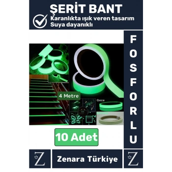 Premium Karanlıkta Işık Veren Suya Dayanıklı Ev Bahçe Merdiven Fosforlu Şerit Bant 4 Metre X 10 Adet