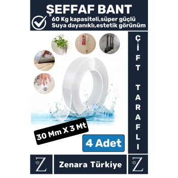Premium Güçlü Yüksek Mukavemetli 60 Kg Kapasite Nano Çift Taraflı Doku Şeffaf Bant 3 Metre X 4 Adet
