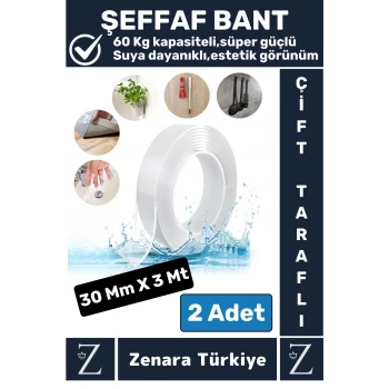 Premium Güçlü Yüksek Mukavemetli 60 Kg Kapasite Nano Çift Taraflı Doku Şeffaf Bant 3 Metre X 2 Adet
