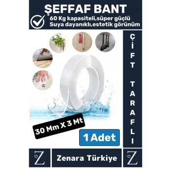 Premium Ultra Güçlü Yüksek Mukavemetli 60 Kg Kapasiteli Nano Çift Taraflı Doku Şeffaf Bant 3 Metre