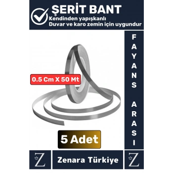 Premium Güçlü Kendinden Yapışkanlı Su Geçirmez Fayans Arası Şerit Derz Bant 0.5 Cm X 50 Metre 5 Adet