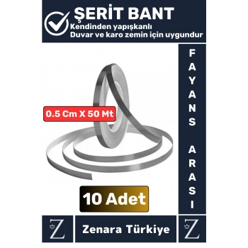 Premium Güçlü Kendinden Yapışkanlı Su Geçirmez Fayans Arası Şerit Derz Bant 0.5 CmX50 Metre 10 Adet
