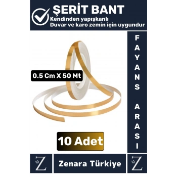 Premium Kendinden Yapışkanlı Su Geçirmez Fayans Arası GOLD Şerit Derz Bant 0.5 Cm X 50 Metre 10 Adet