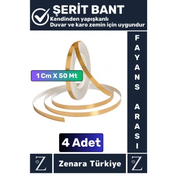 Premium Kendinden Yapışkanlı Su Geçirmez Fayans Arası GOLD Şerit Derz Bant 1 Cm X 50 Metre 4 Adet