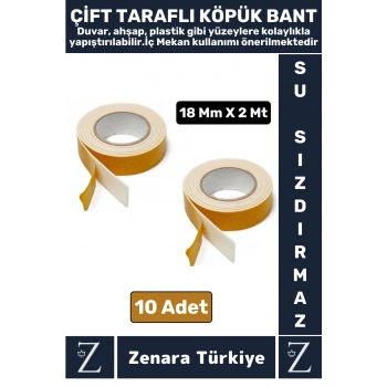 Uzun Ömürlü Ultra Güçlü Kolay Uygulanır İz Bırakmaz Çift Taraflı Köpük Bant 18 Mm X 2 Metre 10 Adet