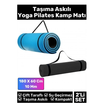 Özel Çift Taraflı Kaymaz Silinebilir Yoga Meditasyon Fitness Kamp Minderi 10 Mm Askılı Mat 2li Set